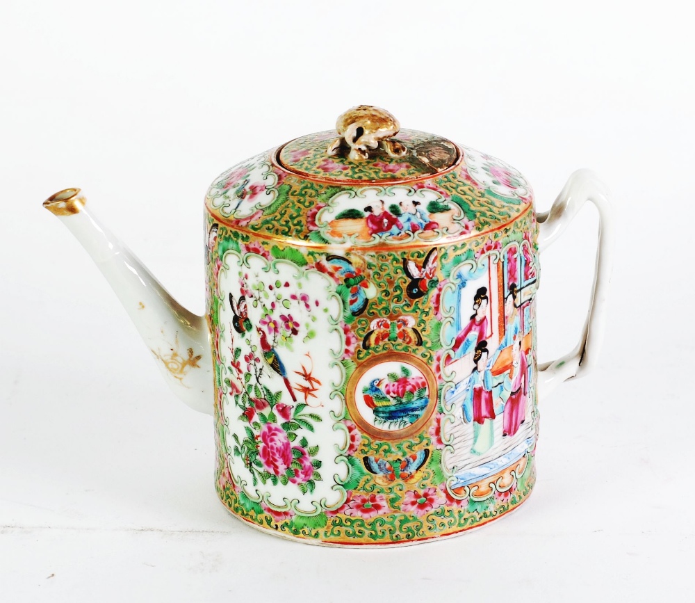 NINETEENTH CENTURY CHINESE FAMILLE ROSE PORCELAIN TEAPOT, of cylindrical form with entwined strap