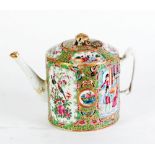 NINETEENTH CENTURY CHINESE FAMILLE ROSE PORCELAIN TEAPOT, of cylindrical form with entwined strap