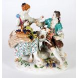 TWENTIETH CENTURY MEISSEN PORCELAIN GROUP, modelled as a courting couple, seated, with a sheep on an