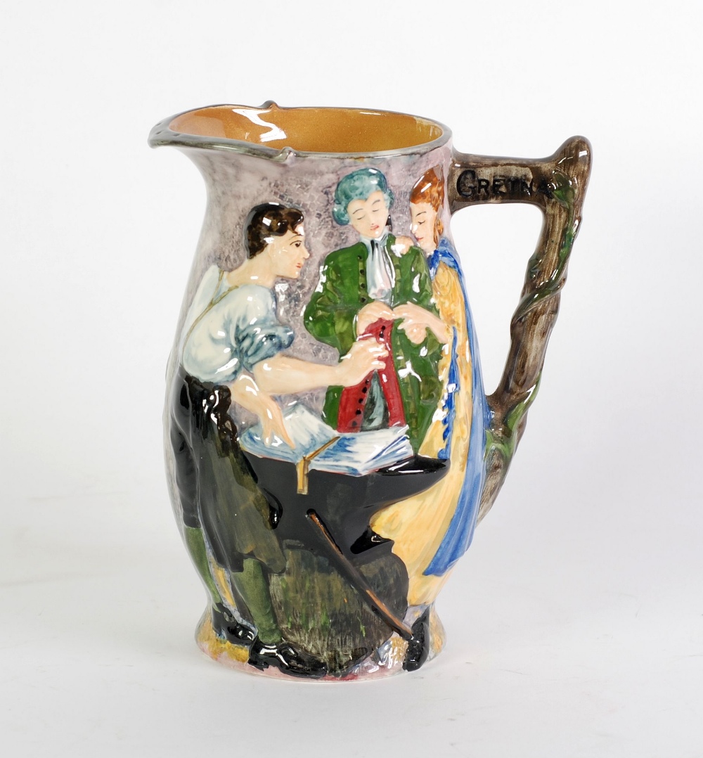 BURLEIGH WARE 'THE RUNAWAY MARRIAGE' MOULDED POTTERY JUG, of ovoid form with angular rustic scroll