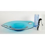 POSSIBLY WHITEFRIARS KINGFISHER BLUE GLASS ABSTRACT SHALLOW DISH, the oval rim with three holes,