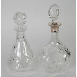 GOOD QUALITY CUT GLASS DECANTER, with stopper and hallmarked silver collar, wheel cut with flowers