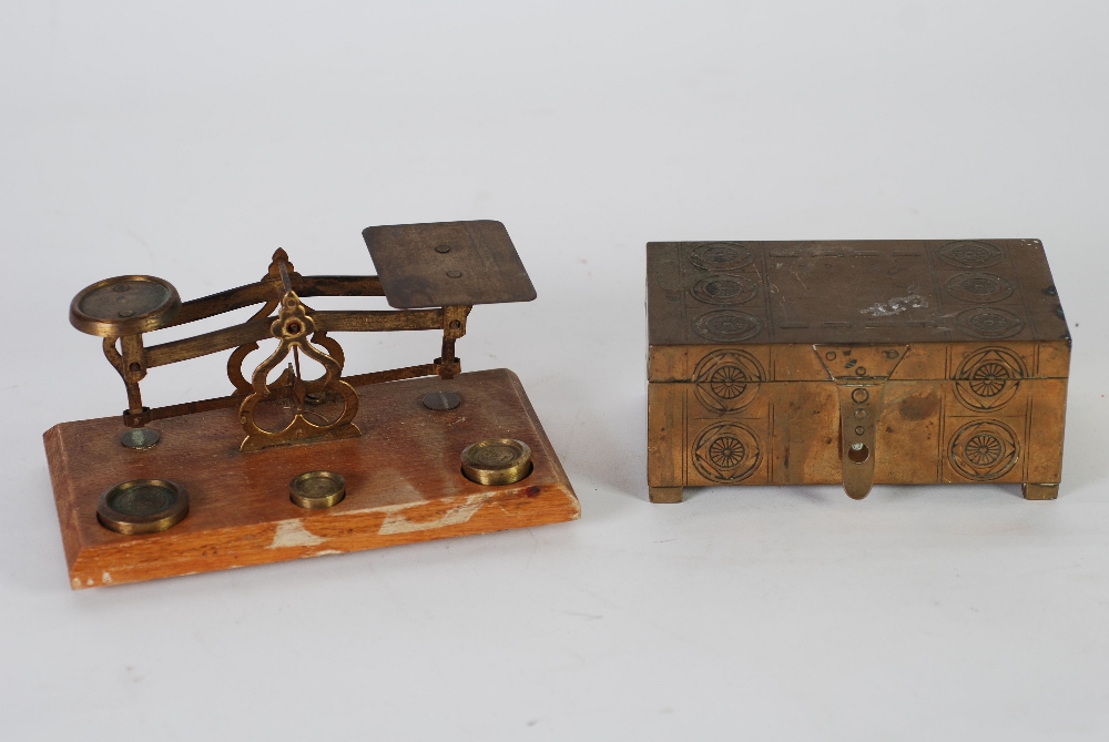 W.M.F. EMBOSSED BRASS TABLE CIGARETTE BOX, typical form with hardwood lined interior, decorated with