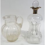 GLASS PUZZLE DECANTER AND STOPPER WITH SILVER MOUNTED NECK AND four pouring lips, 11 1/4" (28.6cm)
