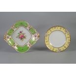 EARLY TWENTIETH CENTURY ROYAL CROWN DERBY LOZENGE SHAPE CAKE DISH, pale green, gilt and floral