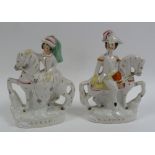 PAIR OF NINETEENTH CENTURY STAFFORDSHIRE POTTERY FLAT BACK EQUESTRIAN FIGURES, TITLED 'QUEEN' AND '
