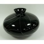 MODERN BLACK GLASS LARGE VASE, of squat form, drizzled in white, 10" (25.4cm) high, 16" (40.7cm)