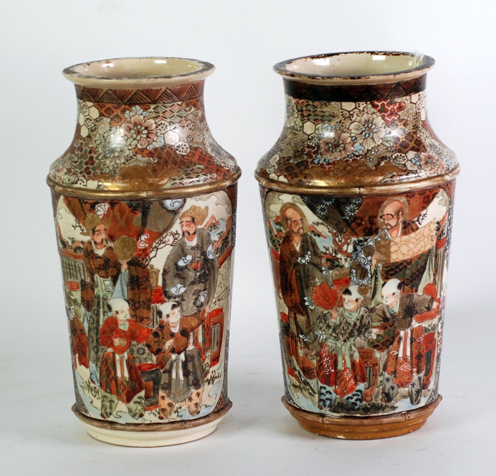 A PAIR OF LATE NINETEENTH/EARLY TWENTIETH CENTURY JAPANESE FAYENCE VASES, enamelled and gilt with