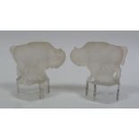 PAIR OF MODERN GOEBEL FROSTED GLASS MODELS OF BUFFALOS on octagonal clear bases, 3 1/2" (8.9cm)