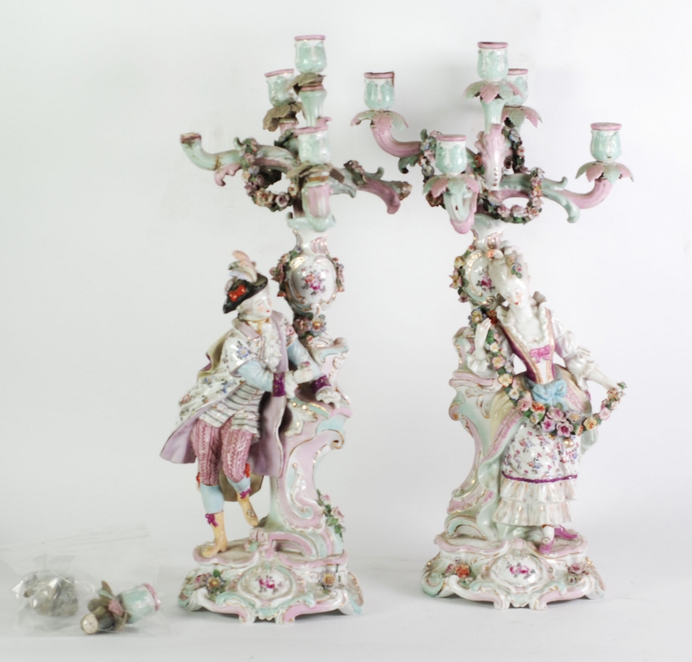A PAIR OF LARGE LATE NINETEENTH CENTURY GERMAN PORCELAIN CANDELABRA, the removable four branch