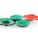 SET OF FOUR ITALIAN BLACK CASED GLASS DISHES, comprising; A PAIR, lozenge shaped with green and