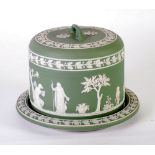 A VICTORIAN WEDGWOOD DIPPED SAGE GREEN AND WHITE JASPERWARE CHEESE BELL ON STAND, impressed mark,