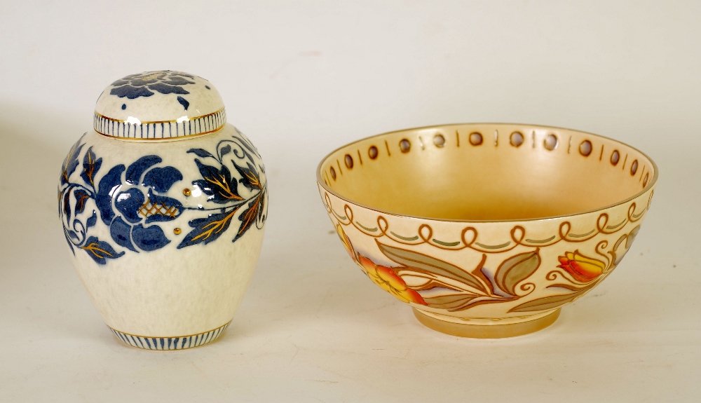 TWO PIECES OF CHARLOTTE RHEAD BURSLEY WARE TUBE LINED POTTERY, COMPRISING; FOOTED BOWL, decorated in