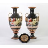 A PAIR OF VICTORIAN STAFFORDSHIRE POTTERY 'GREEK REVIVAL' PEDESTAL TWO HANDLED VASES, 17" high (both