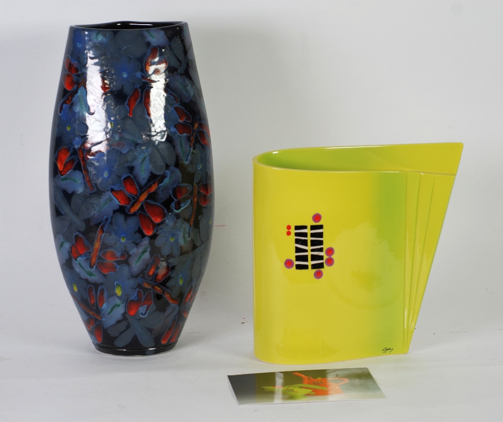 RICHARD GODFREY SLAB BUILT STUDIO POTTERY VASE, of shaped oblong form, decorated in coloured slips