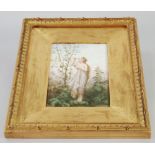K.P.M. HANDPAINTED PORCELAIN PLAQUE, oblong form, decorated with a wood nymph smelling a flower, 8