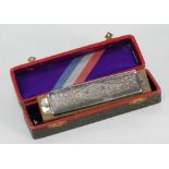 M. HOHNER, GERMANY BOXED SUPER CHROMONICA - HARMONICA, chromium plated and wood with sliding
