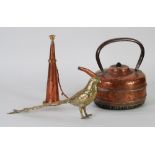A COPPER KETTLE WITH OVERHANG HANDLE AND A COPPER HUNTING HORN AND A DECORATIVE BRASS PHEASANT