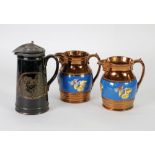A LUSTRE GERMAN BEER STEIN WITH PEWTER LID AND A PAIR OF JUGS WITH LUSTRE GLAZED BLUE BANDING (3)