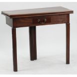 GEORGE III MAHOGANY TEA TABLE, the fold over oblong top above a cockbeaded short frieze drawer