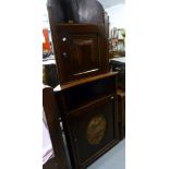 MID NINETEENTH CENTURY CONTINENTAL INLAID STAINED WOOD TWO PART STANDING CORNER CUPBOARD
