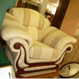 A PAIR OF MODERN OVER STUFF ARMCHAIRS, PADDED THROUGHOUT WITH SCROLL WOOD HIGHLIGHTS, SILK PATTERNED