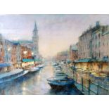 MARK GRIMSHAW (b 1957) PASTEL DRAWING Canal Street, Amsterdam with church tower Signed lower left