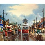 PATRICK BURKE (modern) OIL PAINTING ON BOARD A Northern street scene with trams, bus, car and