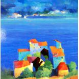 UNATTRIBUTED (20th Century) OIL PAINTING Continental coastal view with orange roofed houses in the