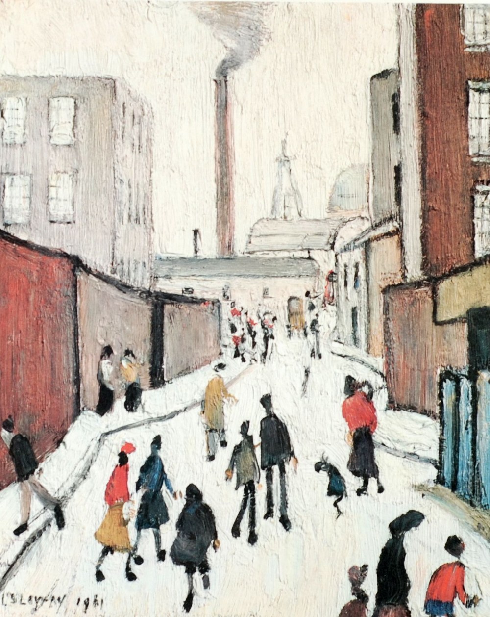 LAURENCE STEPHEN LOWRY (1887-1976) ARTIST SIGNED COLOUR PRINT 'Street Scene' near a factory, an