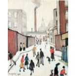 LAURENCE STEPHEN LOWRY (1887-1976) ARTIST SIGNED COLOUR PRINT 'Street Scene' near a factory, an