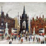 •ARTHUR DELANEY (1927 - 1987) OIL PAINTING 'Albert Square, Manchester' Signed 12 1/2" x 13 3/4" (