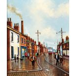 PATRICK BURKE (modern) OIL PAINTING ON CANVAS A Northern townscape with figures and tram Signed 9½"x