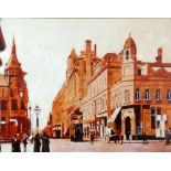 DAVID BOWKER (modern) OIL PAINTING ON BOARD A Northern street scene with trams and figures