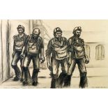 R.J. BRADBURY CHARCOAL DRAWING ON BUFF PAPER 'Returning Rescue Team Lofthouse Colliery, 1973' Signed