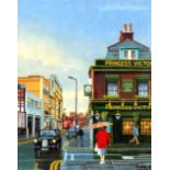 PATRICK BURKE (modern) OIL PAINTING ON BOARD A Northern street scene with 'Princess Victoria' public
