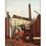 ROGER HAMPSON (1925 - 1996) OIL PAINTING ON BOARD 'Demolition of Musgrave Mill, Bolton' Signed,