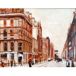 DAVID BOWKER (modern) OIL PAINTING ON BOARD A Northern street scene with figures Signed & dated 1986