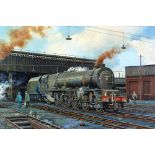 PATRICK BURKE (modern) OIL PAINTING ON CANVAS A steam locomotive leaving a cooling shed Signed 20" x