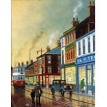PATRICK BURKE (modern) OIL PAINTING ON BOARD A Northern street scene with tram, automobile and