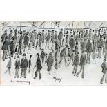 •LAURENCE STEPHEN LOWRY (1887 - 1976) PENCIL DRAWING Crowd of figures at a fairground Signed lower