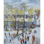 •EDITH LE BRETON (1912-1993) OIL PAINTING ON CANVAS-BOARD 'Playing with snowballs', signed 11¾" x
