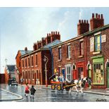 PATRICK BURKE (modern) OIL PAINTING ON CANVAS-BOARD A Northern street scene with a horse & cart