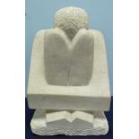 GLENYS LATHAM SCULPTURED ANCASTER LIMESTONE 'Do Not Look: See No Evil' Signed with carved