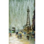 •ARTHUR DELANEY (1927 - 1987) OIL PAINTING 'Blackpool promenade and the Tower' Signed 8" x 4 3/4" (