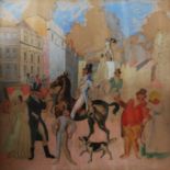 HARRY RUTHERFORD (1903-1985) PENCIL AND WATERCOLOUR DRAWING Regency street scene busy with figures