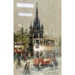 •ARTHUR DELANEY (1927-1987) OIL PAINTING ON BOARD Albert Square, Manchester with trams and figures