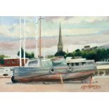 ROGER HAMPSON (1925 - 1996) OIL PAINTING ON BOARD 'Boat and St Mary Redcliffe, Bristol' Signed,