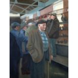 ROGER HAMPSON (1925-1996) OIL PAINTING ON CANVAS 'Poultry Sale, Hereford Market' Signed lower right,