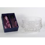 IMPRESSIVE CUT GLASS FRUIT BOWL, of waisted, steep sided form with three scroll feet, 7" (17.8cm)